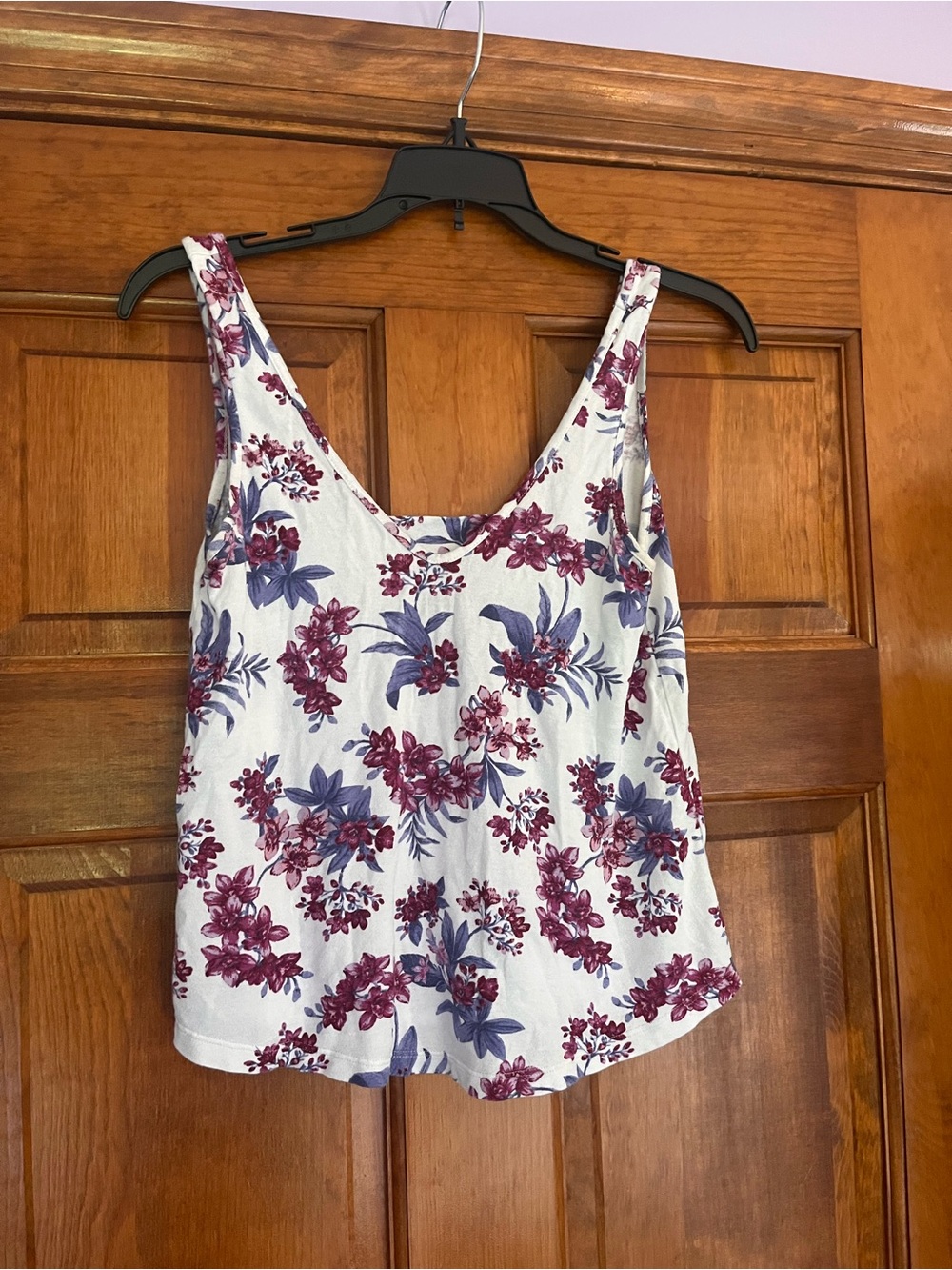 (2) Floral Scoop Neck Tank Top - White with Burgundy & Blue Floral